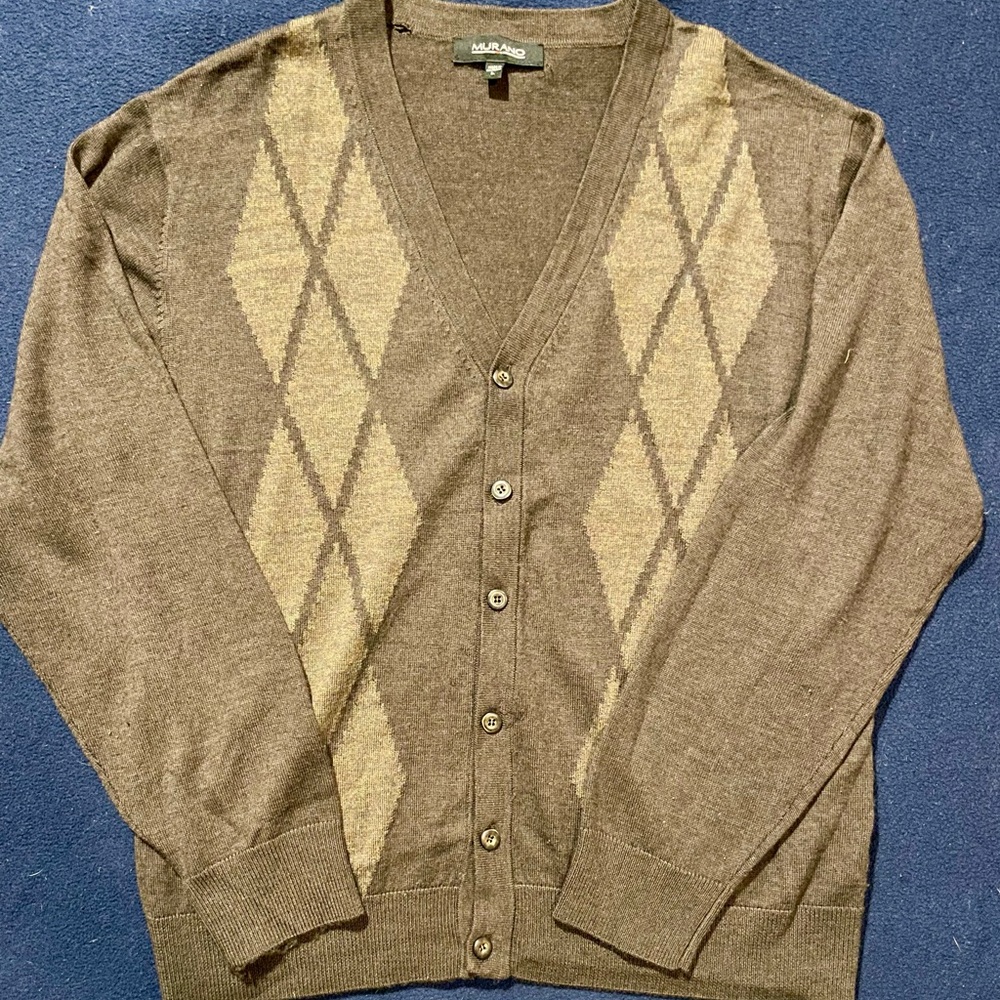 100% Merino Wool Brown Cardigan with Argyle Pattern Grandpacore Eclectic Preppy